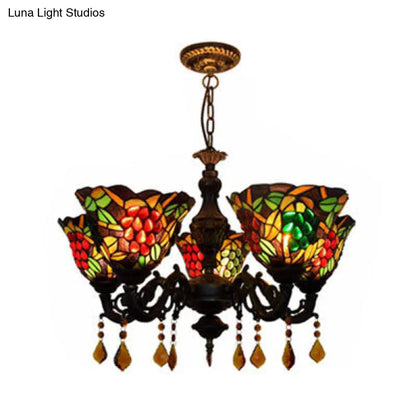 Multicolored Bell Inverted Chandelier Tiffany Stained Glass 5-Light Grapes Hanging Light with Crystal accents (Black/White)
