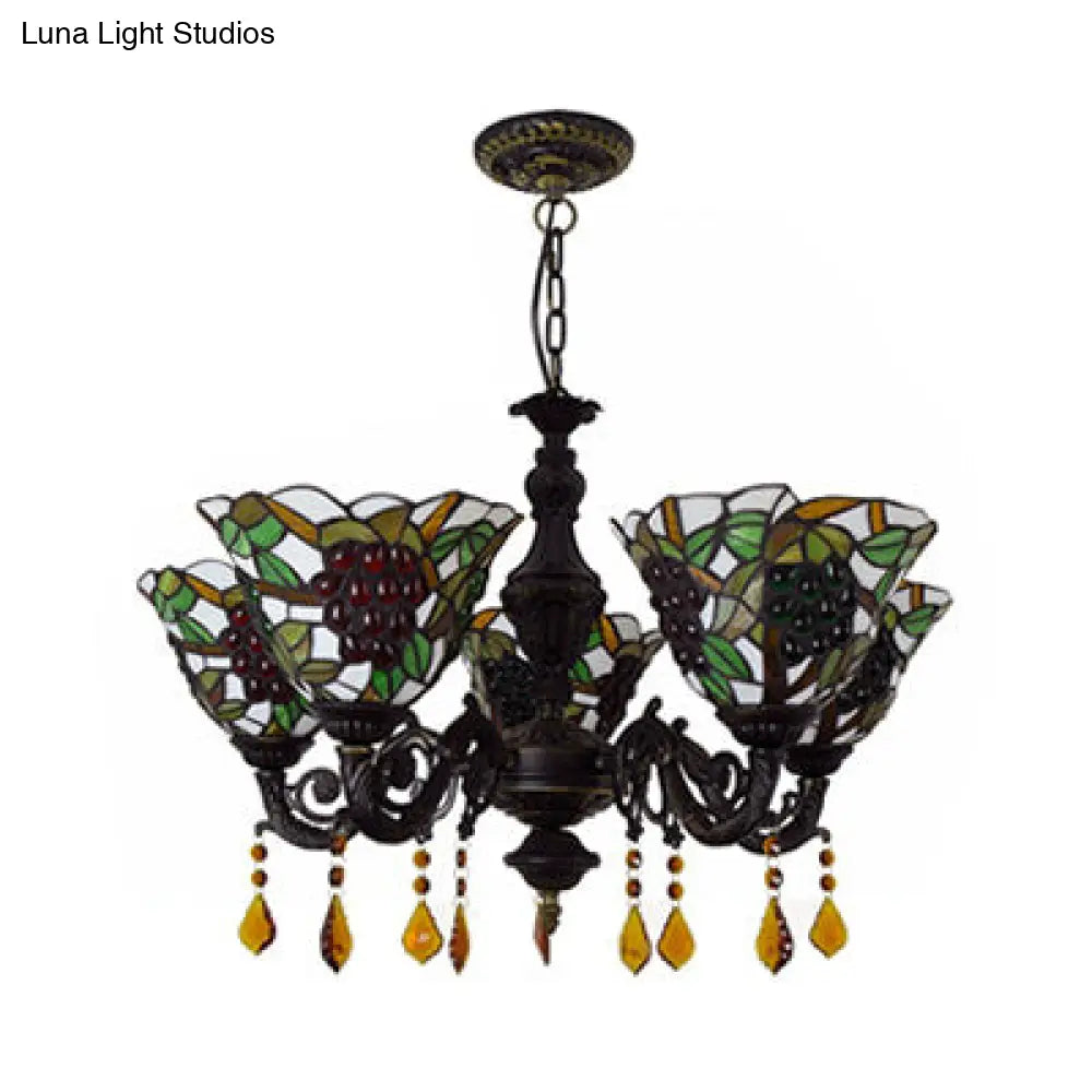 Multicolored Bell Inverted Chandelier Tiffany Stained Glass 5-Light Grapes Hanging Light with Crystal accents (Black/White)
