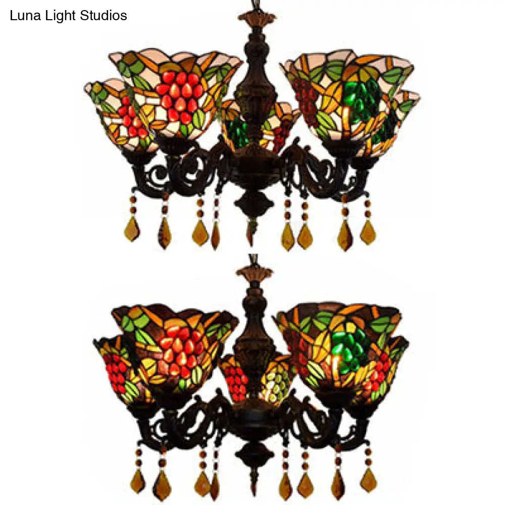 Multicolored Bell Inverted Chandelier Tiffany Stained Glass 5-Light Grapes Hanging Light with Crystal accents (Black/White)