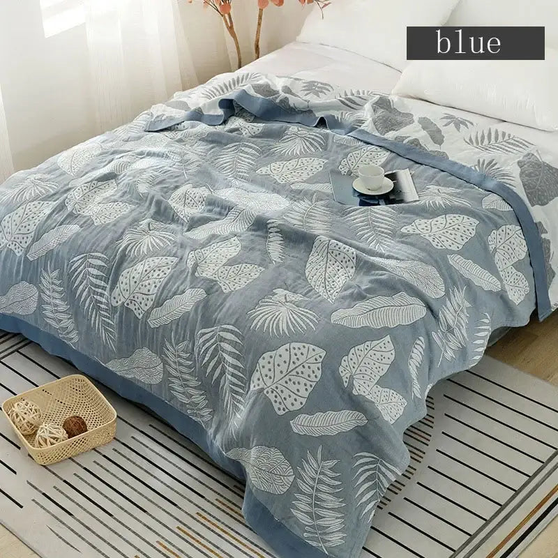 Light blue multicolored cotton gauze boho throw blanket with white leaf pattern and gray accents for bedroom decorbites cotton gauze