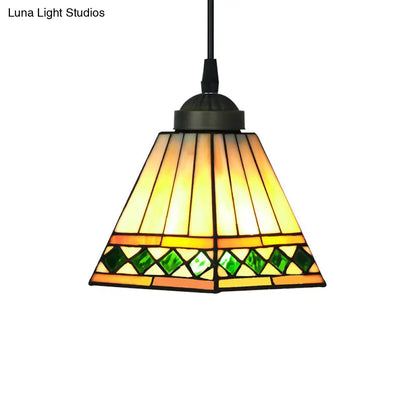 Multicolored Stained Glass Pyramid Pendant Ceiling Light – Tiffany Style, 1 Head