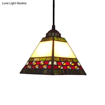 Multicolored Stained Glass Pyramid Pendant Ceiling Light – Tiffany Style, 1 Head