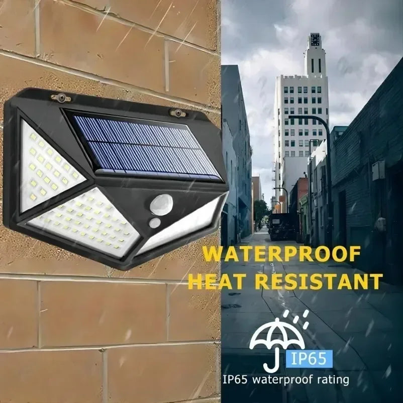 Black solar-powered outdoor wall light with triangular design and motion sensor featuring multiple led bulbs