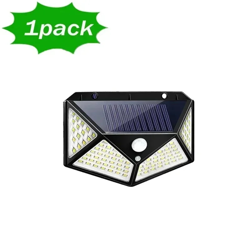 Black solar-powered outdoor garden light with triangular led panels and integrated motion sensor for security lighting