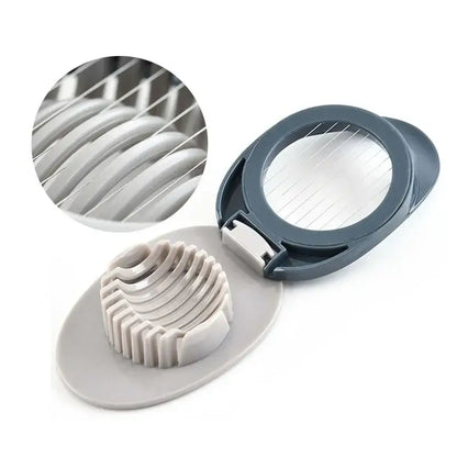 Gray plastic egg cutter with stainless steel circular blade assembly and ridged slots multifunctional kitchen gadget