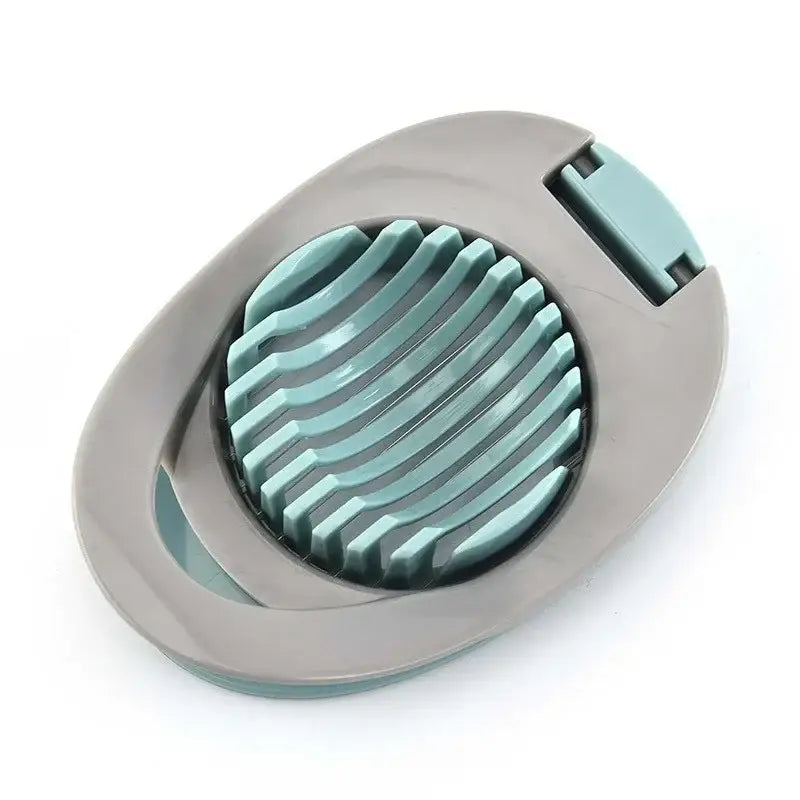 Multifunctional teal and gray plastic egg cutter with stainless steel circular segmented blade kitchen gadget
