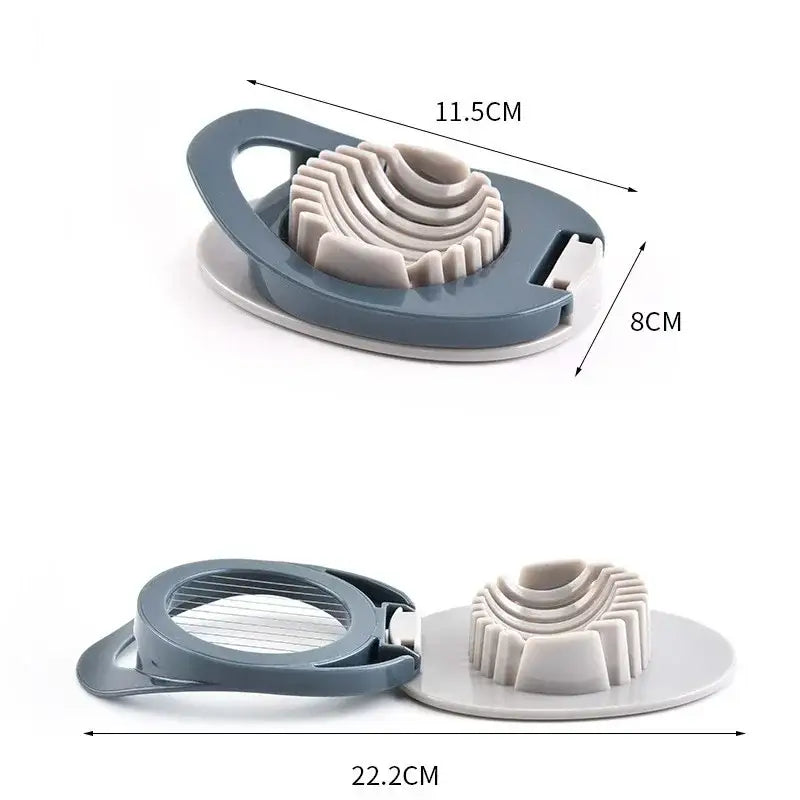 Multifunctional dark gray plastic egg cutter with stainless steel blades in a 3 piece kitchen gadget set