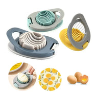 Set of three multifunctional stainless steel egg cutters with gray handles and teal, beige, and yellow inserts kitchen gadget