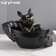 Muscular black french bulldog cool dog resin statue with sunglasses and gold chain for stylish home decor by decorbites