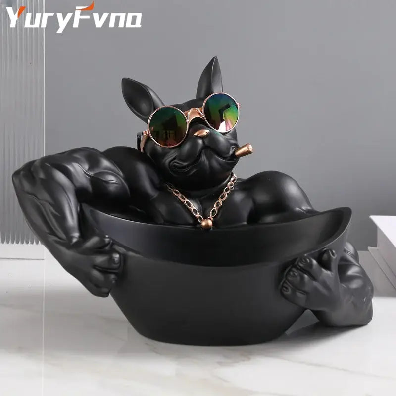 Muscular black french bulldog cool dog resin statue with sunglasses and gold chain for stylish home decor by decorbites
