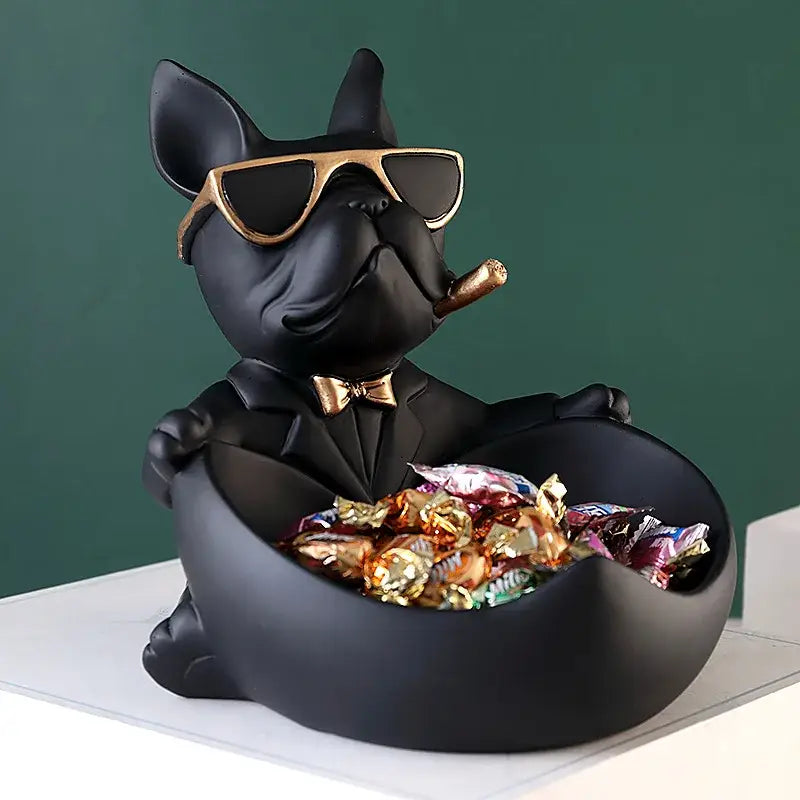 Muscular black french bulldog cool dog resin statue wearing gold sunglasses and bow tie ideal for home decor
