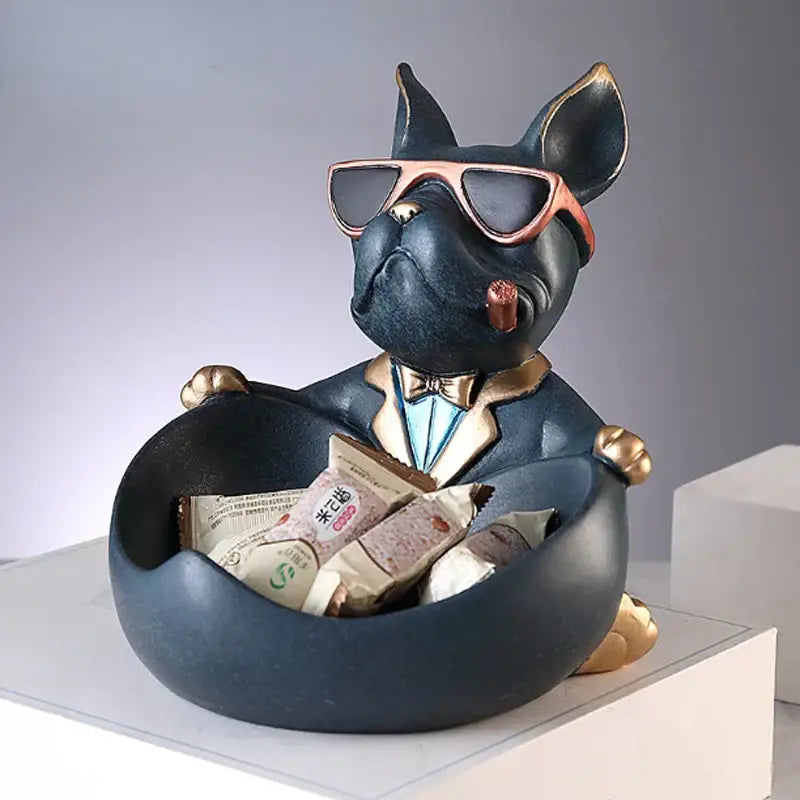 A muscular black and gold french bulldog cool dog resin statue with sunglasses and bow tie for home decor by decorbites