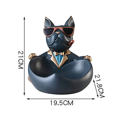 A muscular black french bulldog cool dog resin statue wearing sunglasses and tailored suit for home decor by decorbites