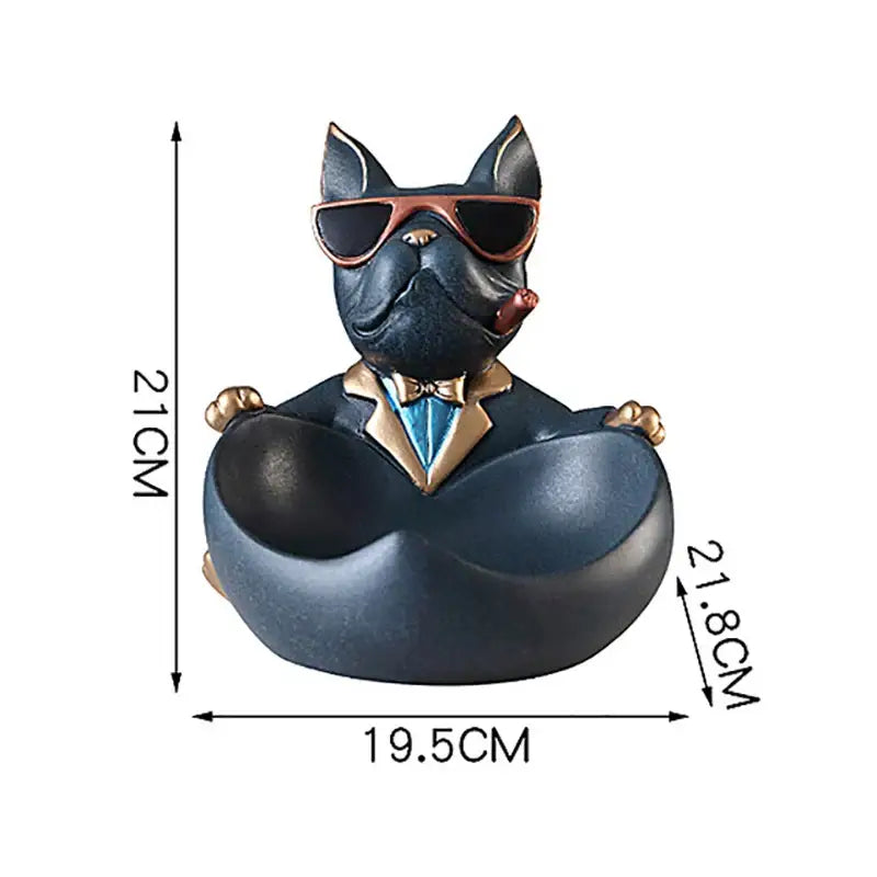 A muscular black french bulldog cool dog resin statue wearing sunglasses and tailored suit for home decor by decorbites