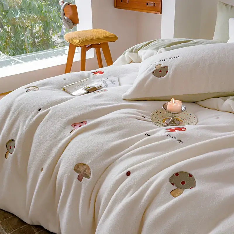 Cream-colored decorbites embroidered cashmere winter duvet set with earthy mushroom designs for bedroom bedding decor