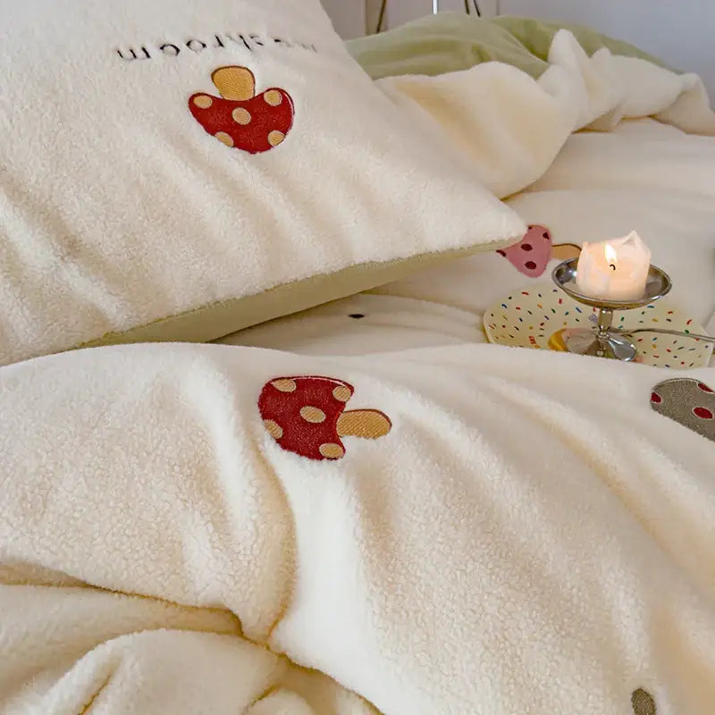 Cream-colored decorbites embroidered cashmere duvet set with red mushroom embroidery and beige polka dots for winter use