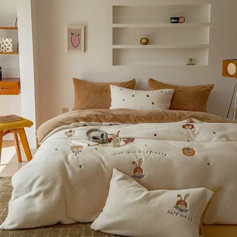 Cream-colored plush mushroom embroidered cashmere winter duvet set with bunny polka dot patterns and with you happiness script