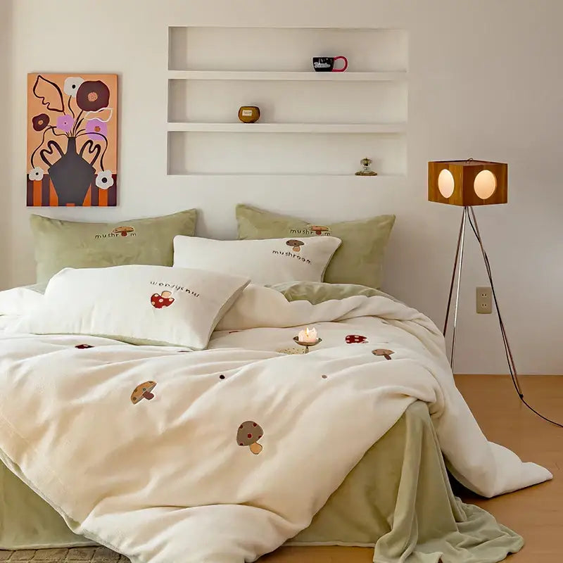 Cream-colored decorbites embroidered cashmere winter duvet set with earthy mushroom motifs for bedroom bedding