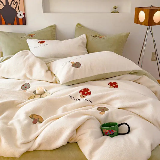 Cream-colored decorbites embroidered cashmere winter duvet set with playful mushroom designs and text for bedroom bedding