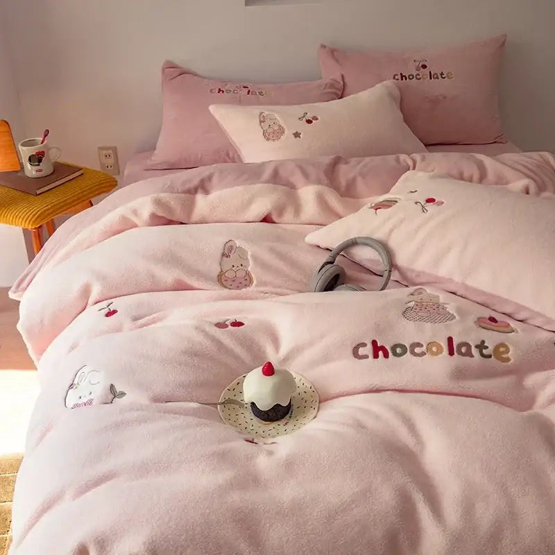 Pink mushroom embroidered cashmere winter duvet set featuring chocolate-themed decorbites embroidered cashmere design