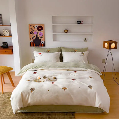 Mushroom-themed cream fleece duvet set with embroidered cashmere winter decorbites in earthy tones for bedroom bedding