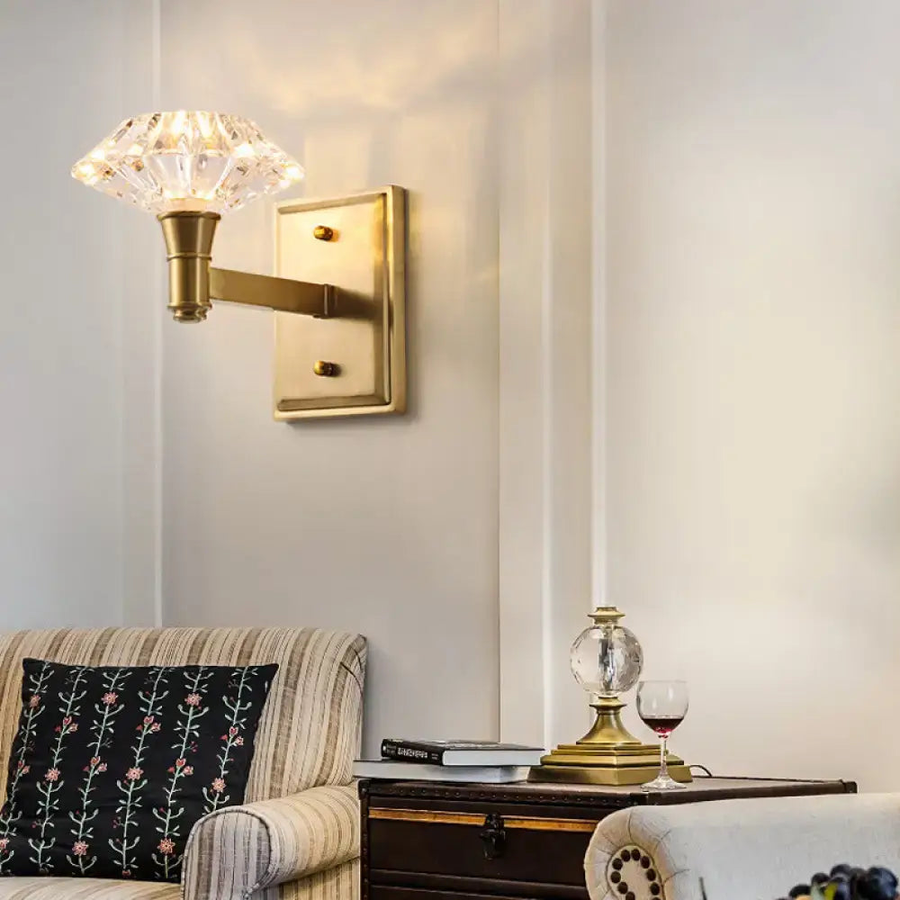 Mussel brass wall mounted bedroom wall lamp with faceted crystal shade for elegant doorway lighting