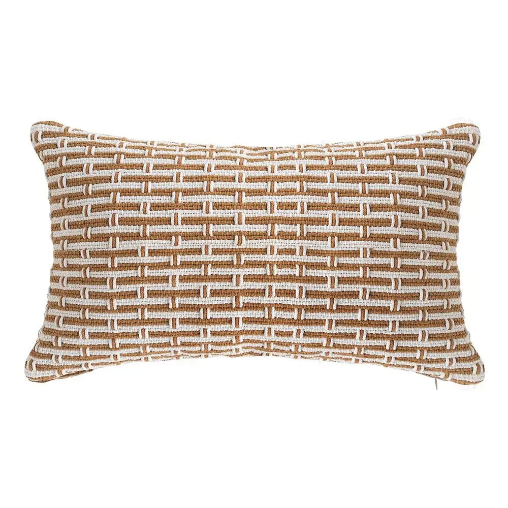 Rectangular mustard and cream cotton woven texture cushion cover with a tan and off-white woven pattern for living room decor