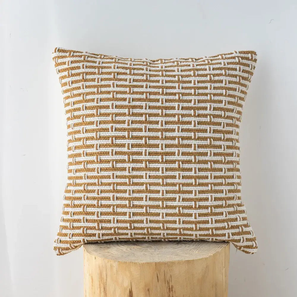 Square mustard and cream cotton woven texture cushion cover with a tan off-white woven pattern for living room decor
