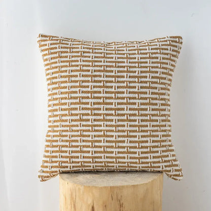 Square mustard and cream cotton woven texture cushion cover with a tan off-white woven pattern for living room decor
