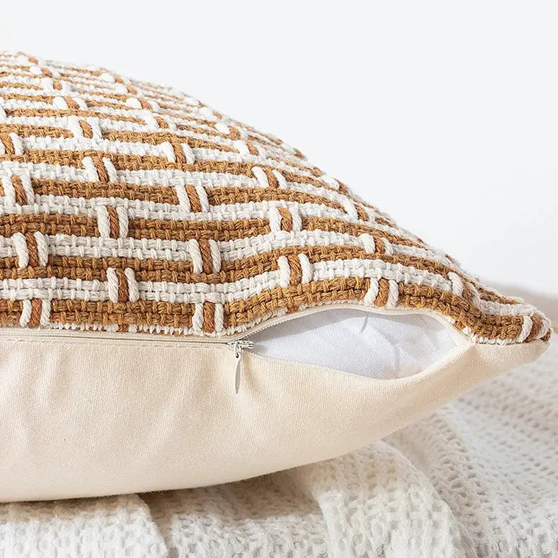 Mustard and cream cotton woven texture cushion cover with zipper closure for living room decorbites cotton woven style