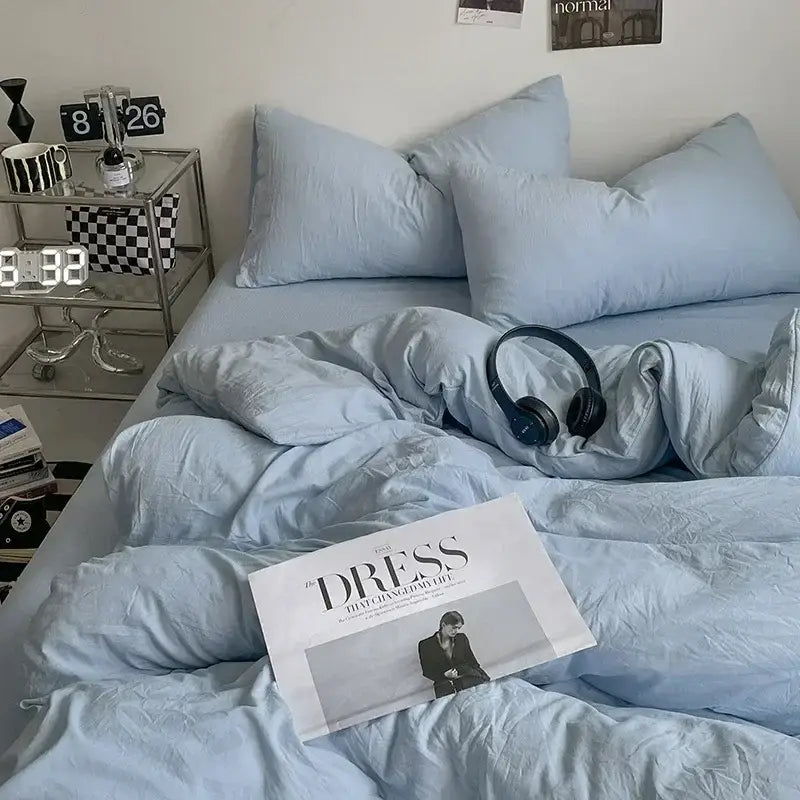 Light blue soft-textured decorbites cotton bedding set with matching pillows and duvet for bedroom decor