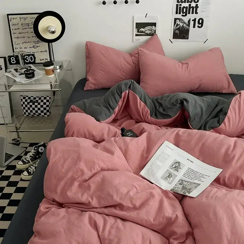Pink and gray duvet set with soft plush texture in decorbites cotton bedding set for comfortable bedroom linen decor