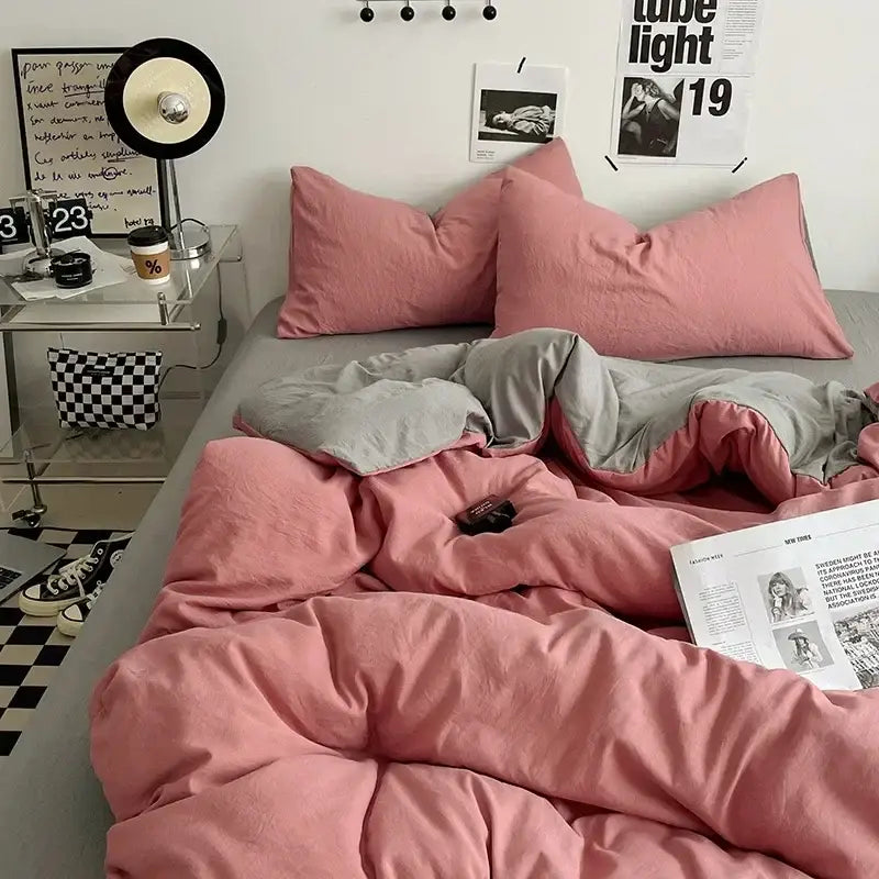 Pink and gray cotton bedding set with soft textured fabric finish from decorbites cotton bedding collection