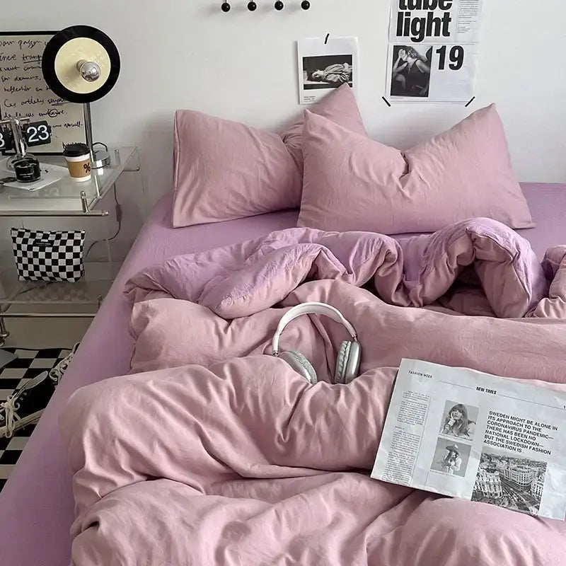 Pink duvet set with soft plush texture and matching pillows from mustard textured cotton bedding set by decorbites cotton bedding