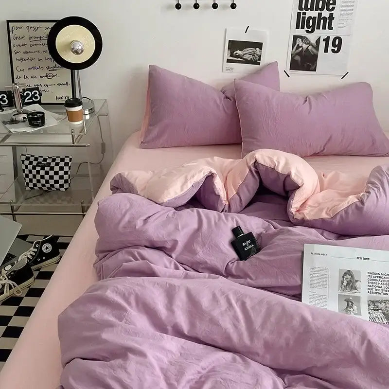 Purple and pink two-toned quilted duvet set with plush texture from decorbites cotton bedding set for bedroom comfort