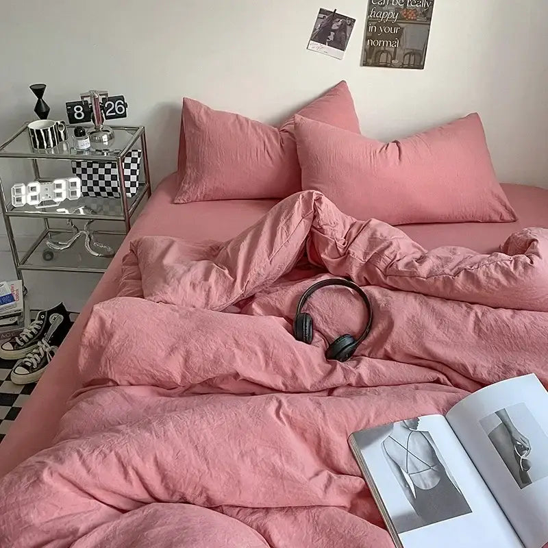 Pink linen cotton bedding set with matching pillows and rumpled comforter for decorbites cotton bedding use