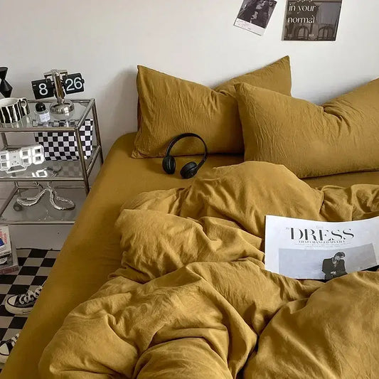 Mustard textured cotton bedding set with soft linen fabric and matching pillows ideal for decorbites cotton bedding