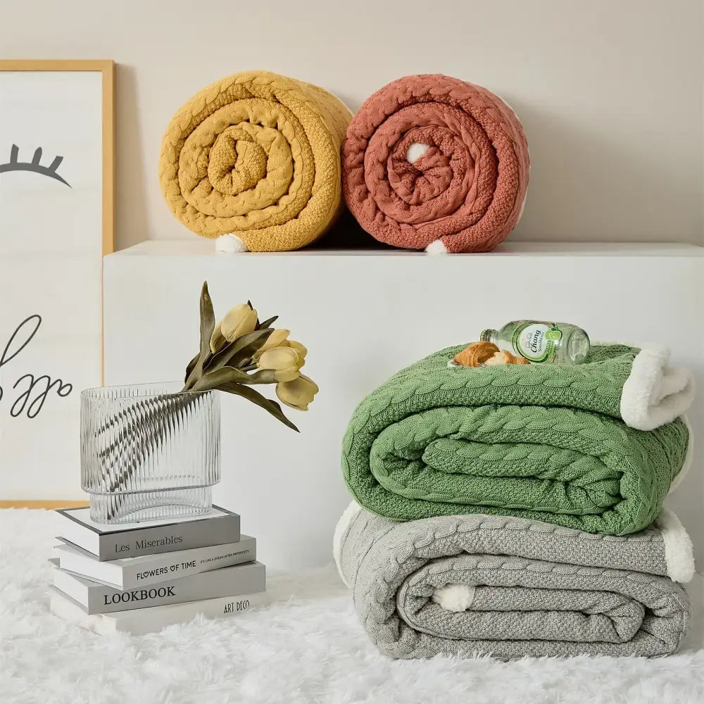 Stacked cozy mustard yellow terracotta sage green and gray decorbites cable knit sherpa blankets with plush fleece edges