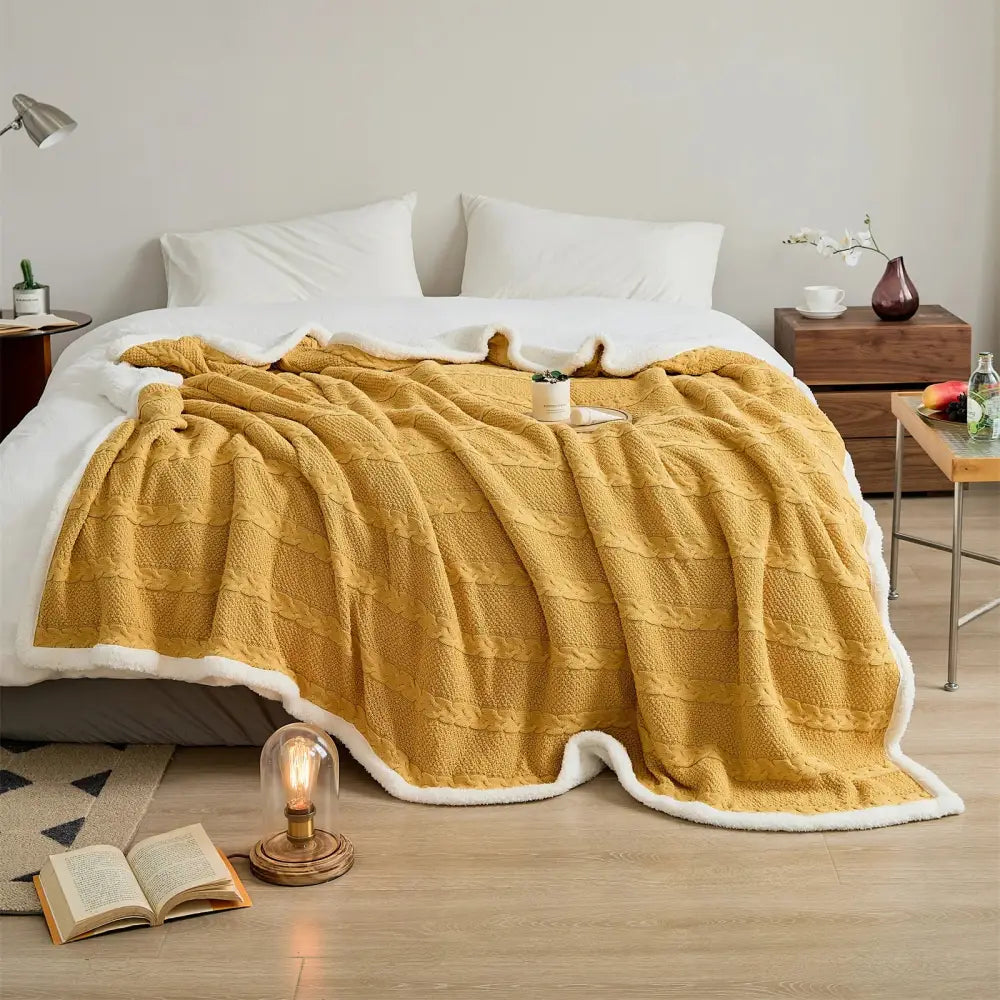 Warm mustard-yellow sherpa blanket with cozy cable knit pattern and soft white sherpa lining for bedroom decorbites cable knit