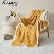 Warm mustard yellow cable knit sherpa blanket with plush white fleece lining for cozy bedroom decorbites throw