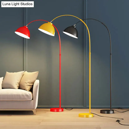 Three modern arched decorbites™ adjustable domed floor lamps in red yellow and black with metal stands for living room lighting compatible with led incandescent fluorescent 220v-240v 110v-120v