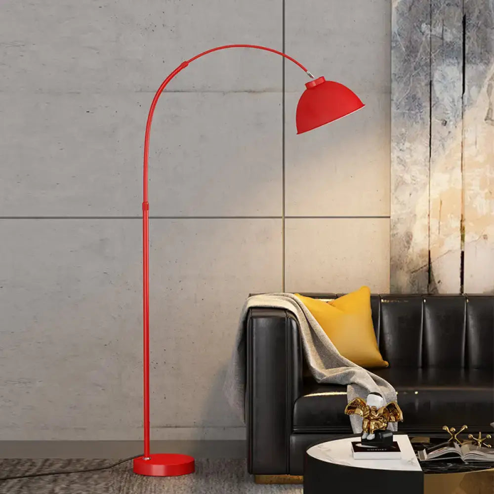 Red arched floor lamp with metallic finish and circular base compatible with led, incandescent, fluorescent bulbs 220v-240v 110v-120v