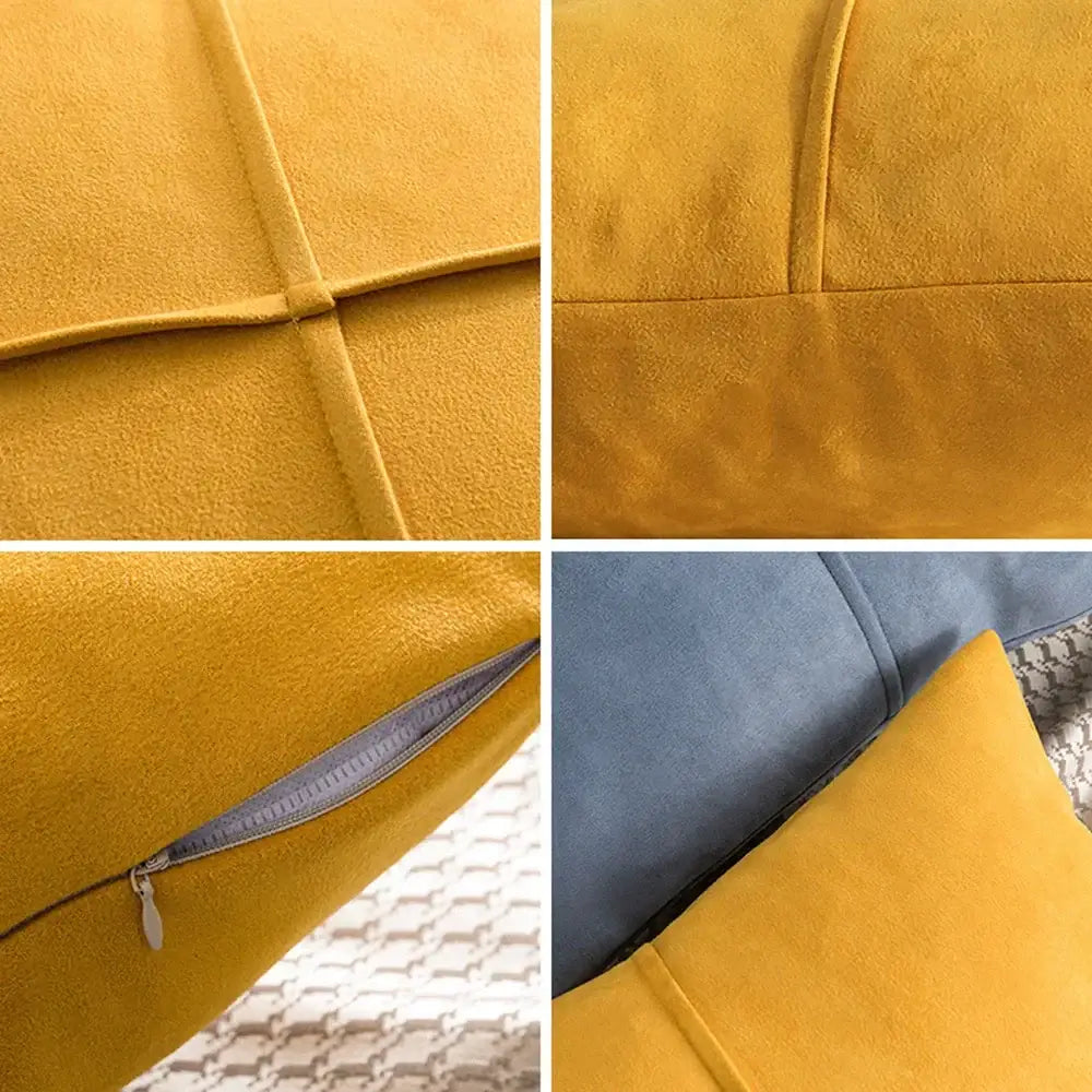 Vibrant mustard yellow cross faux suede pillow cover with subtle stitched grid and zipper closure for living room decorbites