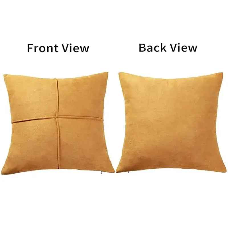 Mustard yellow cross faux suede pillow cover with suede texture and cross-stitched design for living room decorbites decor