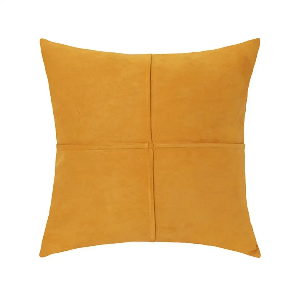 A mustard yellow cross faux suede pillow cover with subtle stitching for stylish living room decorbites decor