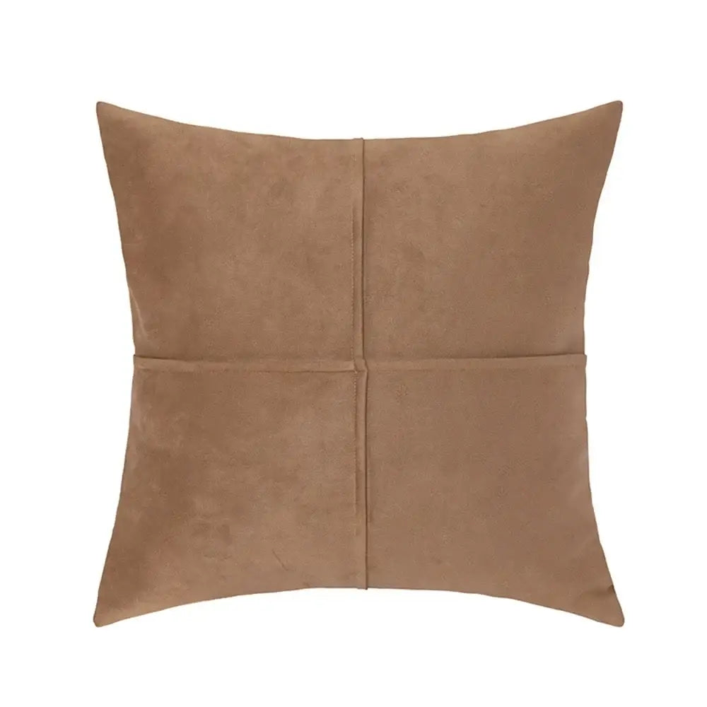 Tan suede square pillow cover with subtle cross faux stitching and textured surface for living room decorbites decor