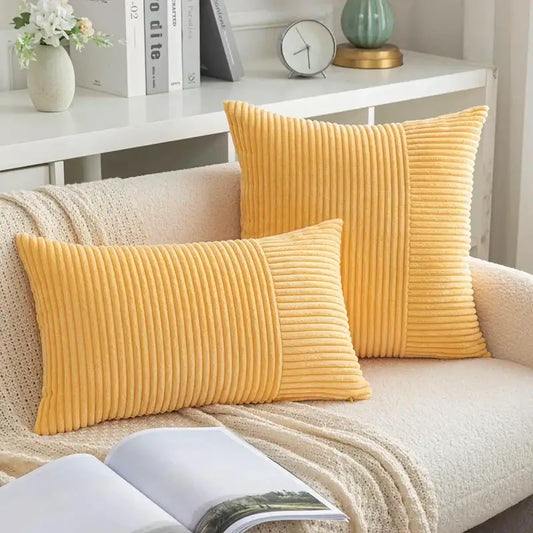 Pair of mustard yellow decorbites corduroy striped pillow covers with vertical ribbed texture for living room decor