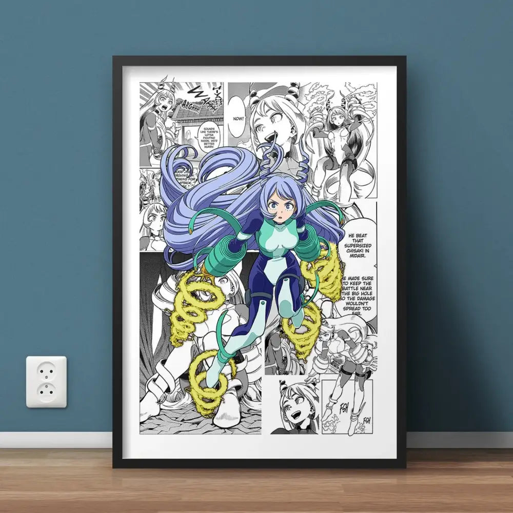Black-framed hero academia canvas wall art featuring anime character with blue hair and teal-green armor surrounded by panels