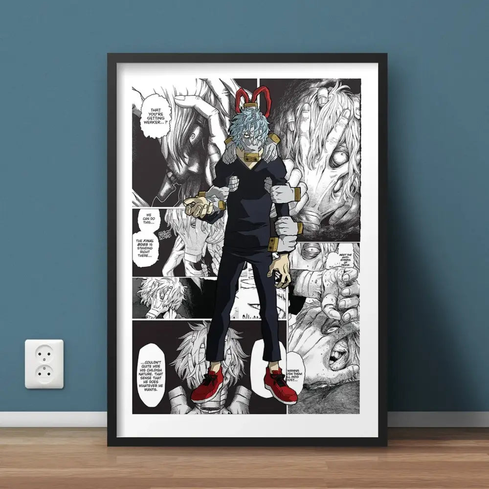 Black-framed hero academia canvas wall art featuring a silver-haired anime character with red shoes and gold accessories