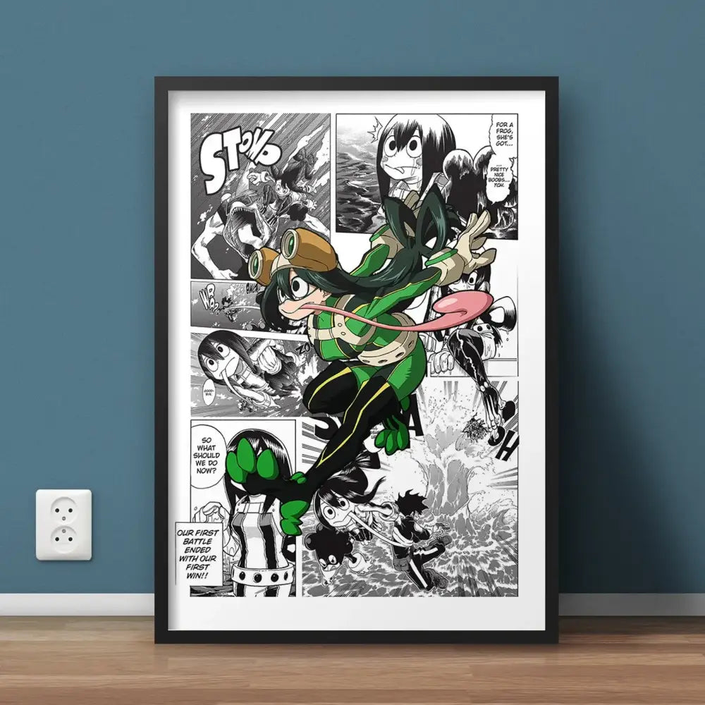 Black-framed DecorBites™ hero academia canvas wall art featuring a dynamic green and black anime comic panel with bold white text bubbles